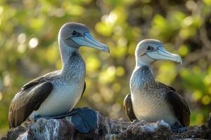 Two blue-footed boobies resting on volcanic rock in galapagos islands photo