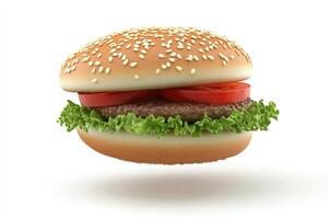 Delicious hamburger with lettuce, tomato, and sesame bun floating on white background photo