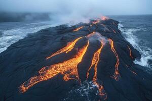 Lava flowing into ocean creating new land at dawn photo