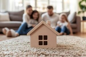 Family relaxing on background with small house model placed on carpet in foreground, housing and mortgage concept photo