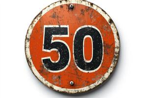 Old and rusty speed limit sign indicating 50 km h or mph as maximum speed. photo