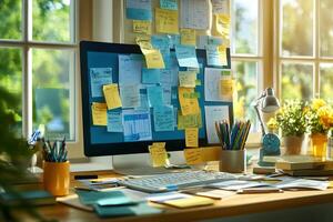 Computer screen covered with sticky notes showing brainstorming and planning in home office photo
