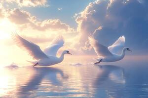 Two swans taking flight over a lake at sunset photo