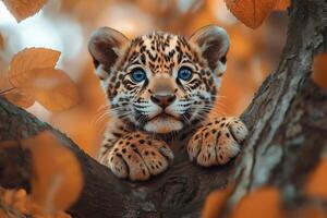 Baby jaguar cub resting on a tree branch in autumn forest photo
