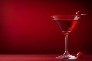 Red martini cocktail with cherry on a stick on red background photo