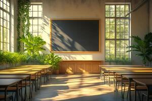 Empty classroom with blackboard and sunlight shining through windows photo