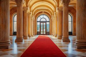 Red carpet leading to majestic building entrance with columns photo