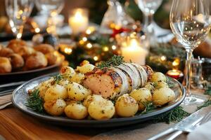 Christmas roast turkey with roasted potatoes, rosemary and thyme on festive table setting photo