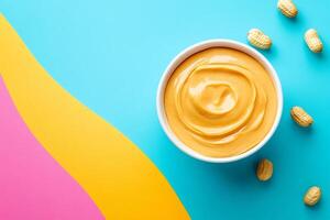 Creamy peanut butter in bowl on vibrant blue background with peanuts photo