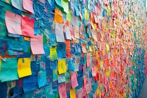 Colorful sticky notes covering a wall, creating a vibrant and textured surface photo