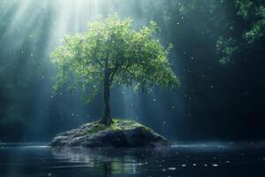 Lonely tree growing on small island during rain with sun rays photo