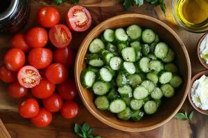 Chef preparing mediterranean salad with sliced cucumbers and tomatoes photo