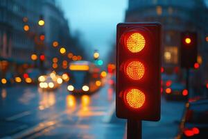 Traffic light showing red signal to cars in city at twilight photo