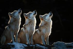 Three wolves howling in the sunlight on a snowy day photo