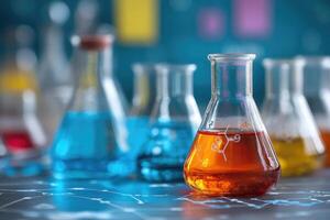 Erlenmeyer flask containing orange chemical liquid sitting on table in laboratory setting photo