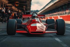 Red racing car parked on a circuit with pilot waiting for the start of the race photo