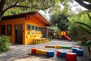 Colorful kindergarten playground surrounded by lush greenery inviting children to play photo