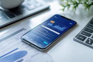 Businessman checking stock market data using smartphone app at office desk photo