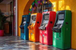 Four colorful atm machines standing in a row outside a building photo