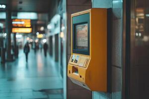 Ticket machine standing in busy train station hallway photo