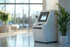 Modern information kiosk standing in spacious hall with large windows photo