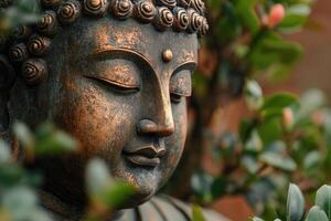Bronze buddha statue conveying peace and serenity in garden setting photo