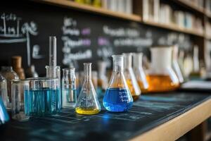 Laboratory glassware containing colorful chemical liquid science experiment photo