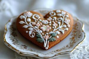 Gingerbread cookie with delicate icing decorations rests on a plate photo
