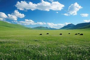 Black cattle grazing in a beautiful green meadow with mountains in the background photo