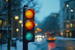 Traffic light showing green light during winter snowfall photo