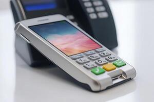 Modern pos terminal waiting for a customer to pay for their purchase photo
