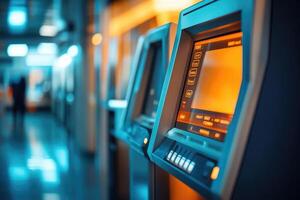 Row of automated teller machines standing inside a bank office building photo