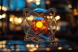 Glass atom structure shining with warm light in the dark photo