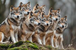 Pack of wolves sitting on a hill in the forest photo