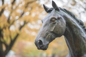 Bronze horse statue is posing in a park in autumn photo