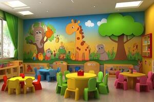 Colorful kindergarten classroom with nobody but plenty of small chairs and tables for students photo