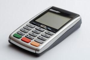 Modern credit card reader lying on a white desk photo