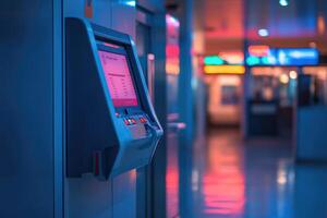 Ticket machine standing in empty train station at night photo