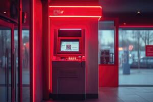 Red atm machine standing in empty bank office photo