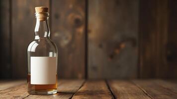 A bottle of whiskey on a wooden table photo