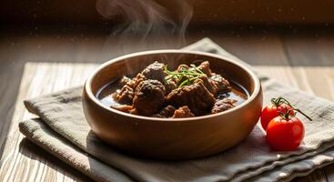 A bowl of beef and vegetables with steam photo