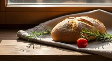 Bread with rosemary and cherry on a window sill photo