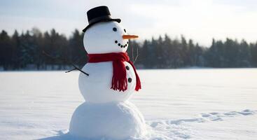 A snowman standing in the snow with a hat and scarf photo