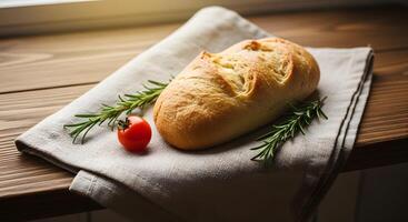 Bread with tomato and rosemary on a napkin photo