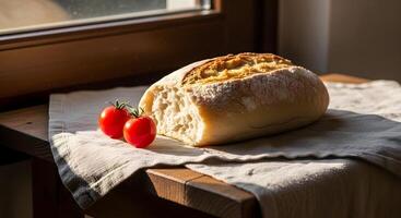 Bread and tomatoes on a table near a window photo