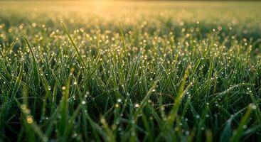 Dew drops on grass at sunset photo