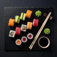 Sushi and chopsticks on a black background photo