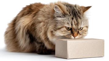 A curious cat sniffing a cardboard box on a white background. photo