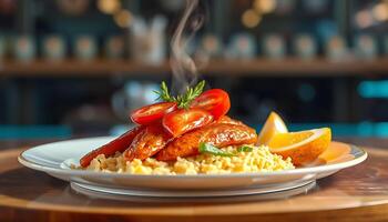 A plate with food on top of rice and tomatoes photo
