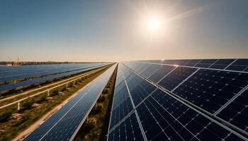 Solar panels on a field with the sun shining photo
